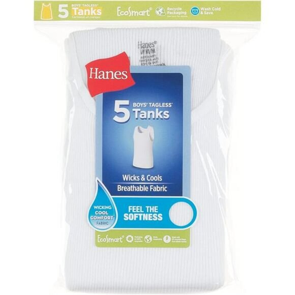 Hanes Boys Cotton Tank Top Undershirts 5 Pack Moisture Wicking Tagless Soft - Picture 3 of 4